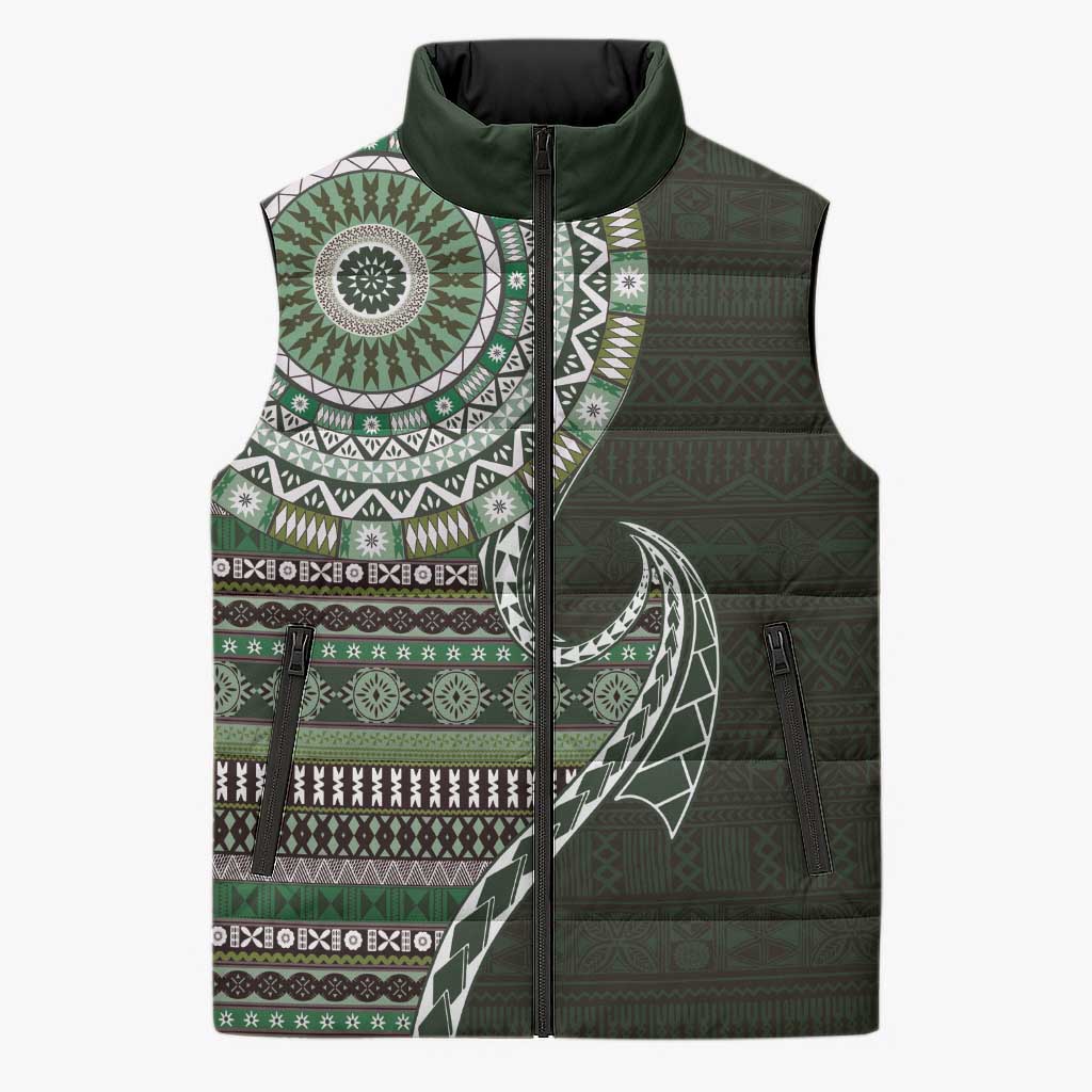 Fijian Masi Tribal Tattoos Art Pattern Sleeveless Puffer Jacket Green Color Half Style - Polynesian Pride