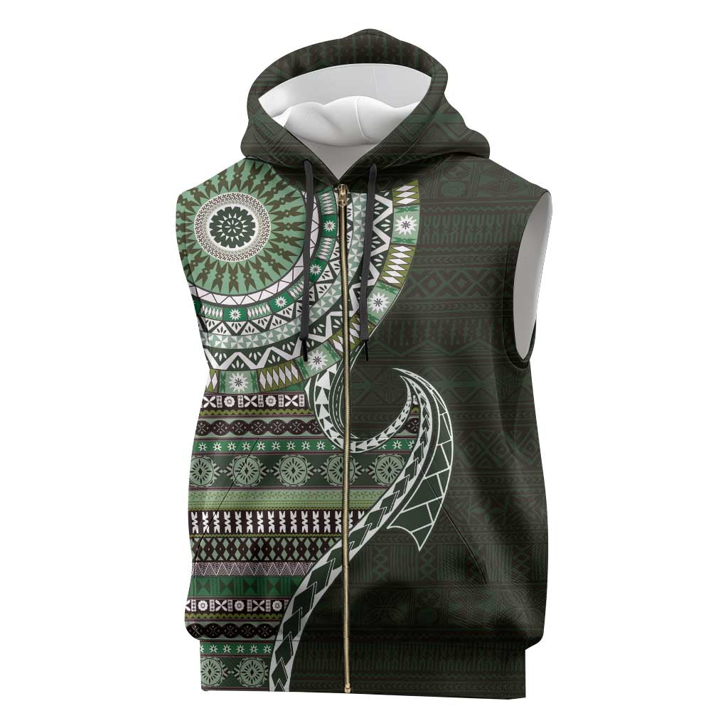 Fijian Masi Tribal Tattoos Art Pattern Sleeveless Zip Hoodie Green Color Half Style - Polynesian Pride