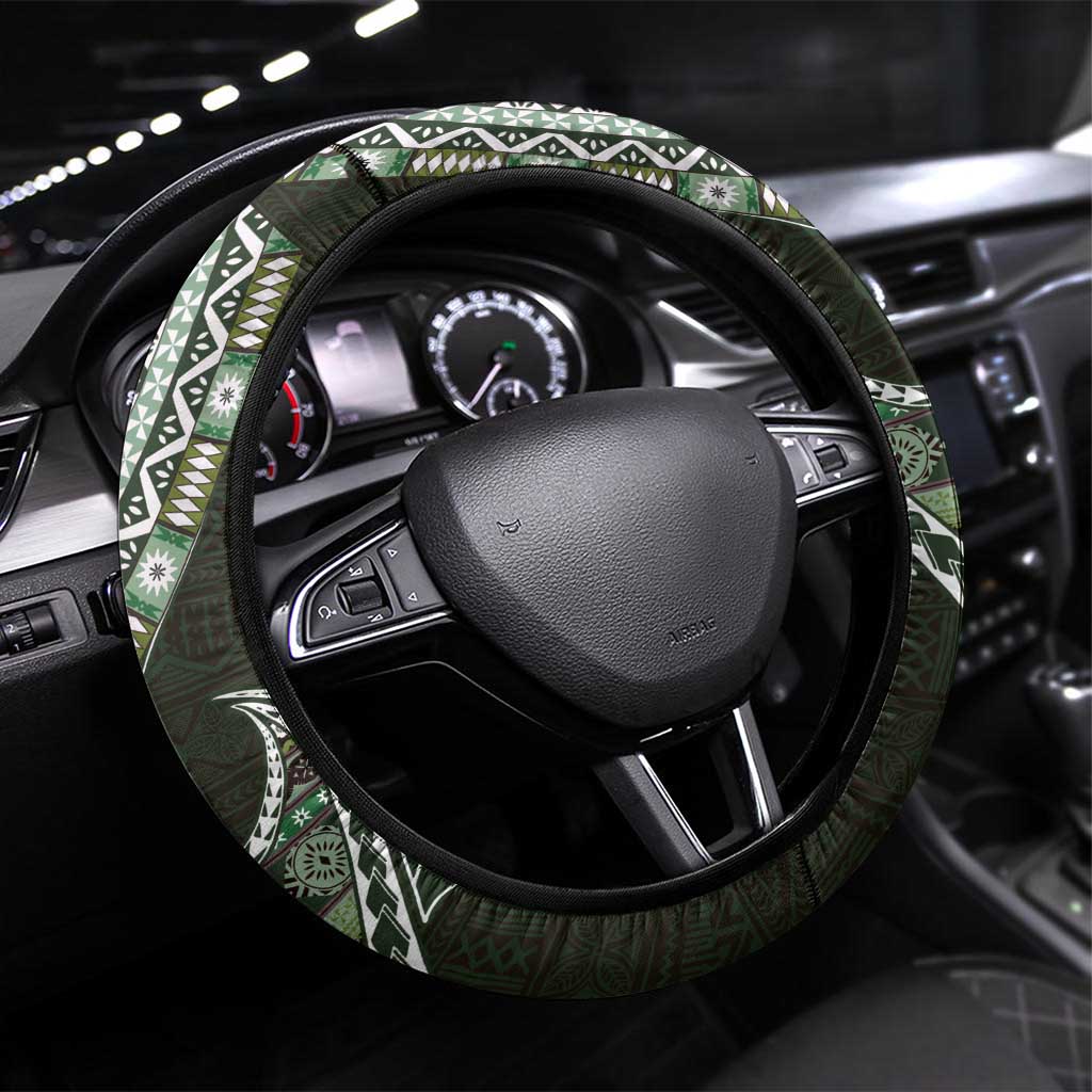 Fijian Masi Tribal Tattoos Art Pattern Steering Wheel Cover Green Color Half Style - Polynesian Pride