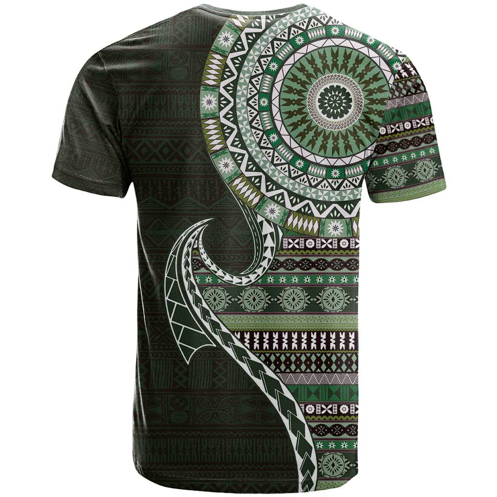 Fijian Masi Tribal Tattoos Art Pattern T Shirt Green Color Half Style - Polynesian Pride