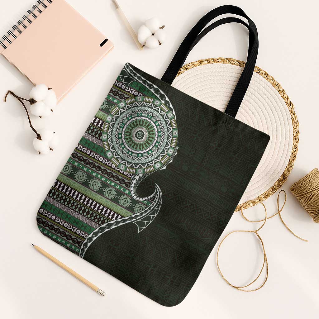 Fijian Masi Tribal Tattoos Art Pattern Tote Bag Green Color Half Style - Polynesian Pride