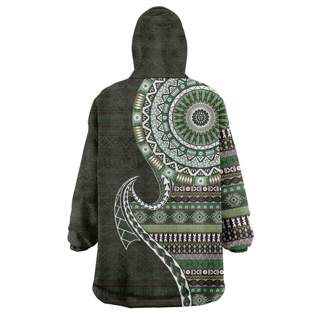 Fijian Masi Tribal Tattoos Art Pattern Wearable Blanket Hoodie Green Color Half Style - Polynesian Pride