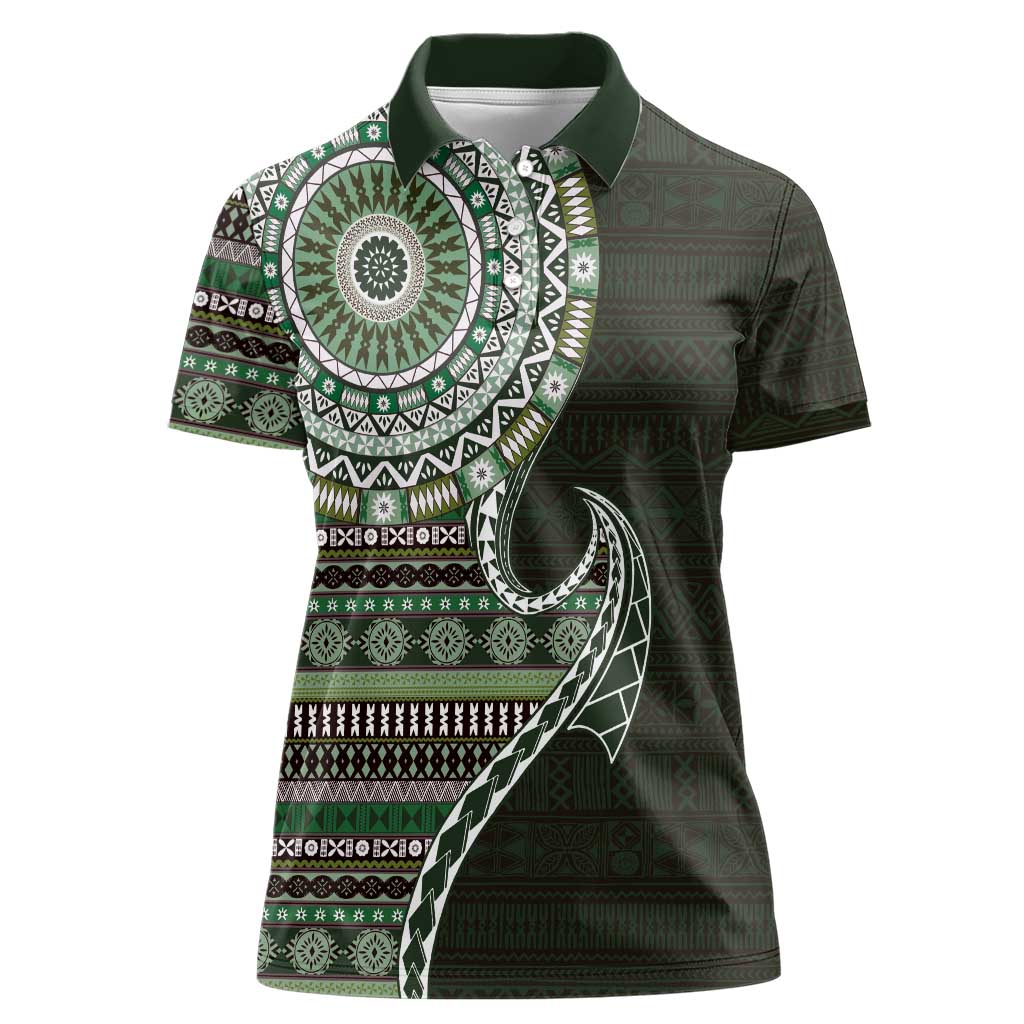 Fijian Masi Tribal Tattoos Art Pattern Women Polo Shirt Green Color Half Style - Polynesian Pride
