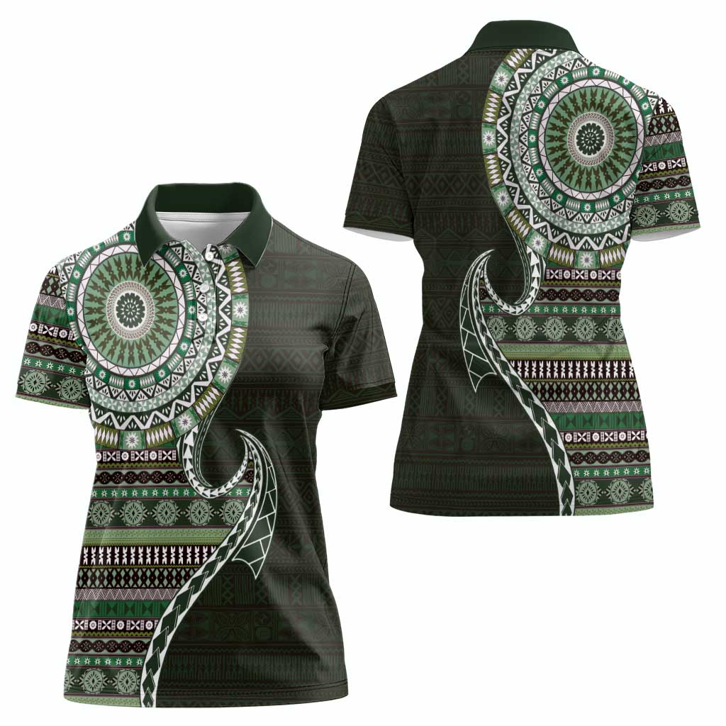 Fijian Masi Tribal Tattoos Art Pattern Women Polo Shirt Green Color Half Style - Polynesian Pride