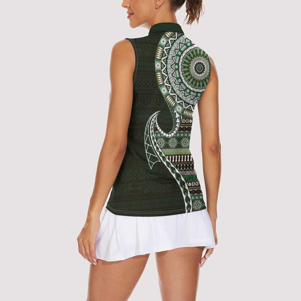 Fijian Masi Tribal Tattoos Art Pattern Women Sleeveless Polo Shirt Green Color Half Style - Polynesian Pride