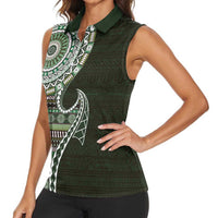 Fijian Masi Tribal Tattoos Art Pattern Women Sleeveless Polo Shirt Green Color Half Style - Polynesian Pride
