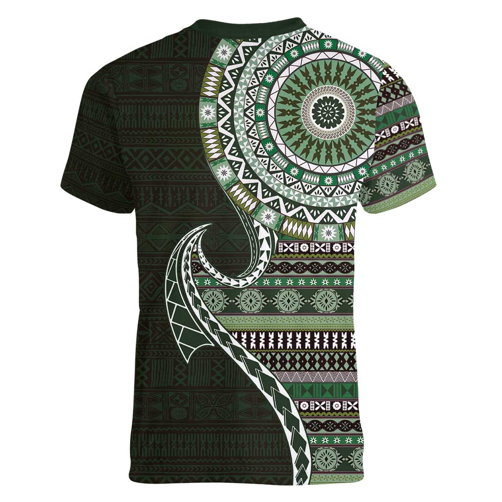 Fijian Masi Tribal Tattoos Art Pattern Women V-Neck T-Shirt Green Color Half Style - Polynesian Pride