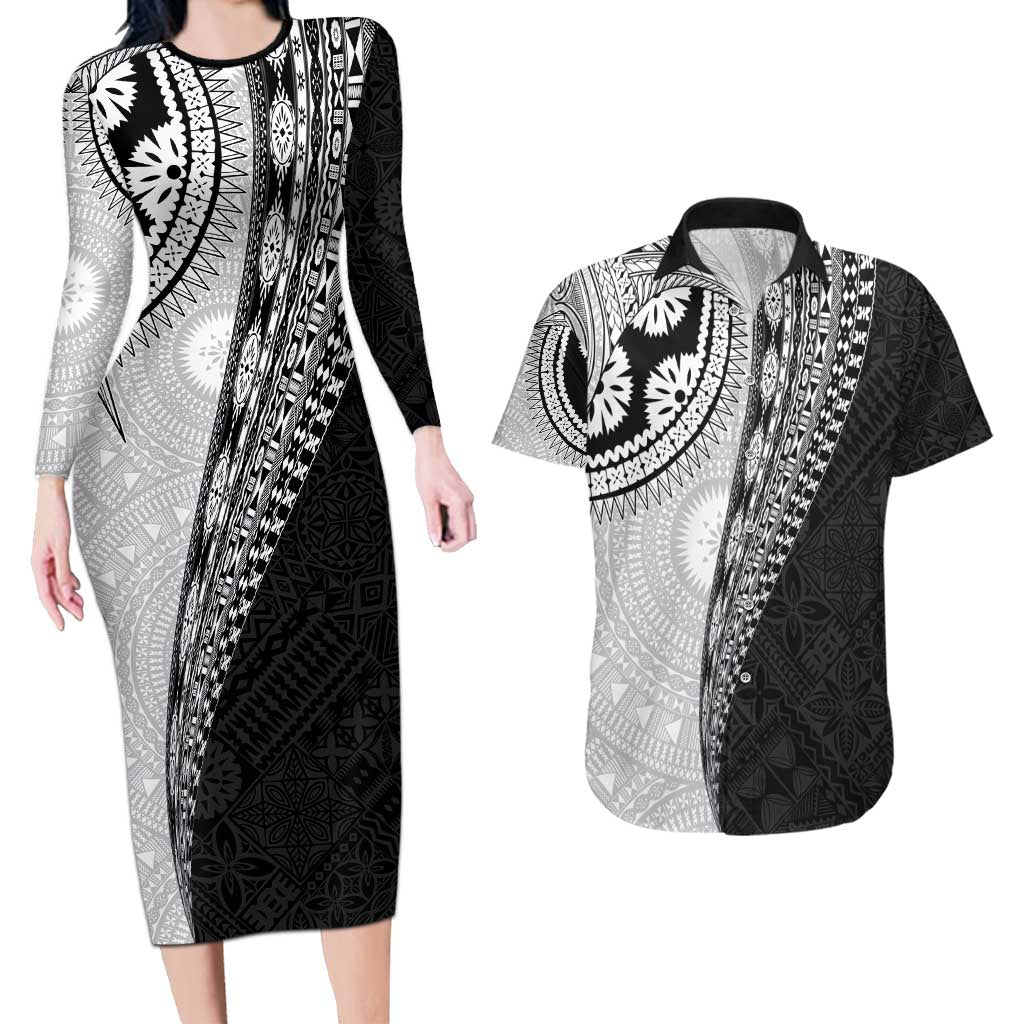 Fijian Masi Tattoos Couples Matching Long Sleeve Bodycon Dress and Hawaiian Shirt with Tapa Tribal Pattern - Polynesian Pride