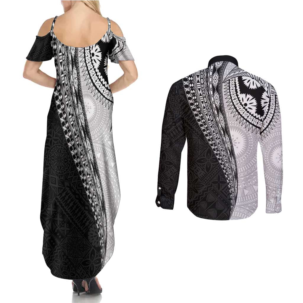 Fijian Masi Tattoos Couples Matching Summer Maxi Dress and Long Sleeve Button Shirt with Tapa Tribal Pattern - Polynesian Pride
