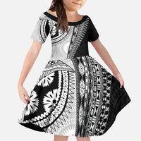 Fijian Masi Tattoos Family Matching Off The Shoulder Long Sleeve Dress and Hawaiian Shirt with Tapa Tribal Pattern LT03 Daughter's Dress White - Polynesian Pride