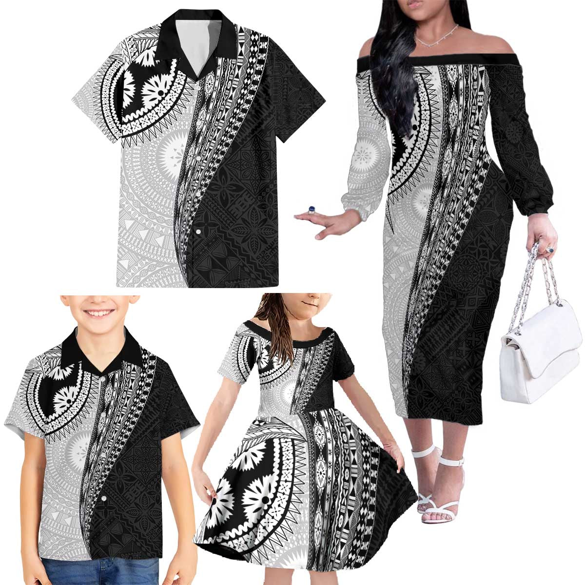 Fijian Masi Tattoos Family Matching Off The Shoulder Long Sleeve Dress and Hawaiian Shirt with Tapa Tribal Pattern LT03 - Polynesian Pride