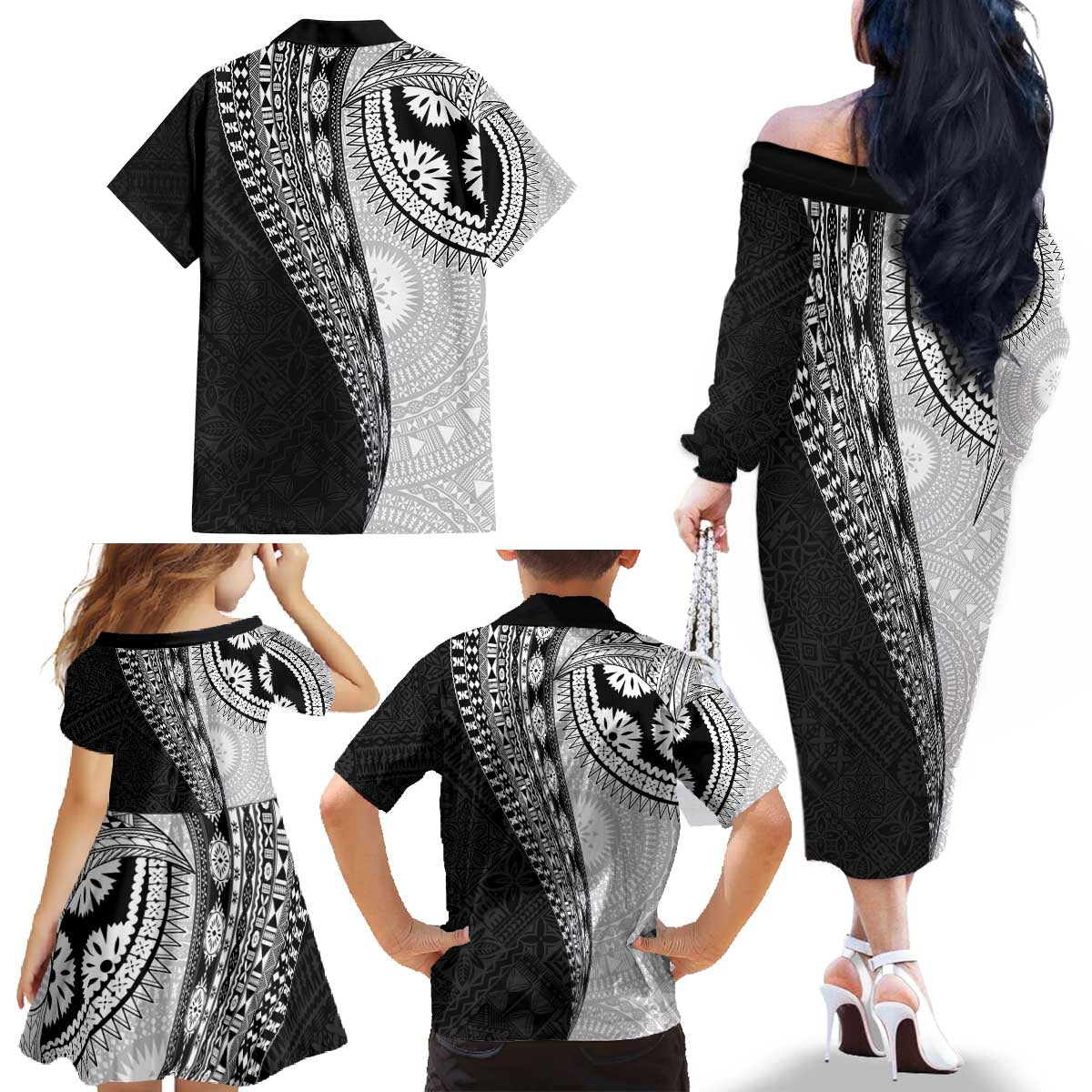 Fijian Masi Tattoos Family Matching Off The Shoulder Long Sleeve Dress and Hawaiian Shirt with Tapa Tribal Pattern LT03 - Polynesian Pride