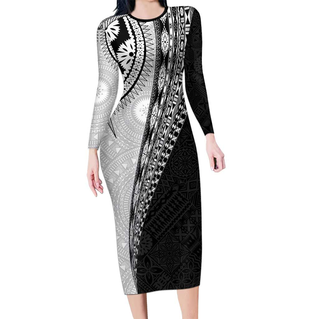 Fijian Masi Tattoos Long Sleeve Bodycon Dress with Tapa Tribal Pattern - Polynesian Pride