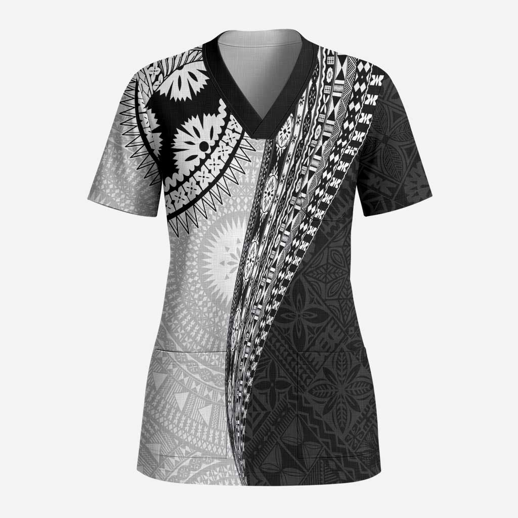 Fijian Masi Tattoos Scrub Top with Tapa Tribal Pattern - Polynesian Pride