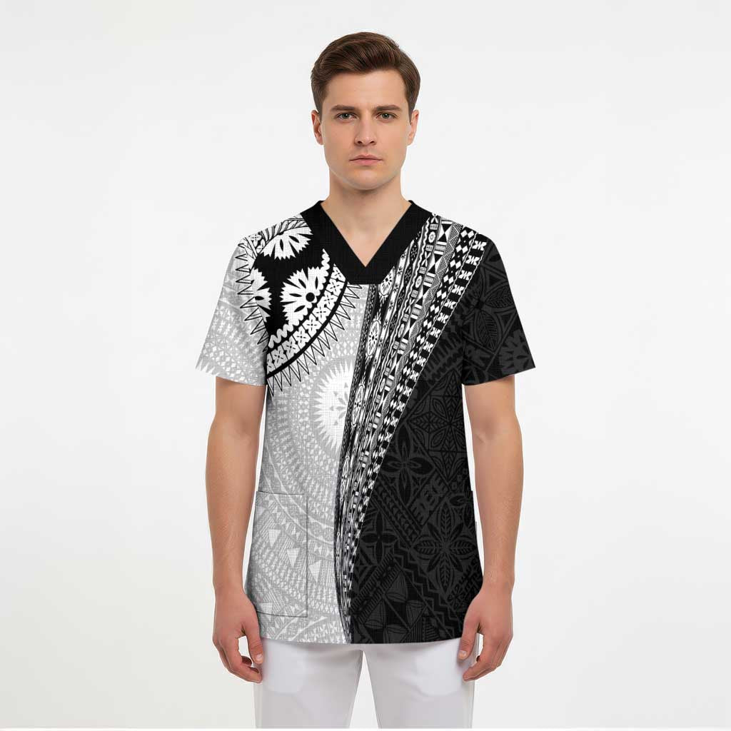 Fijian Masi Tattoos Scrub Top with Tapa Tribal Pattern - Polynesian Pride