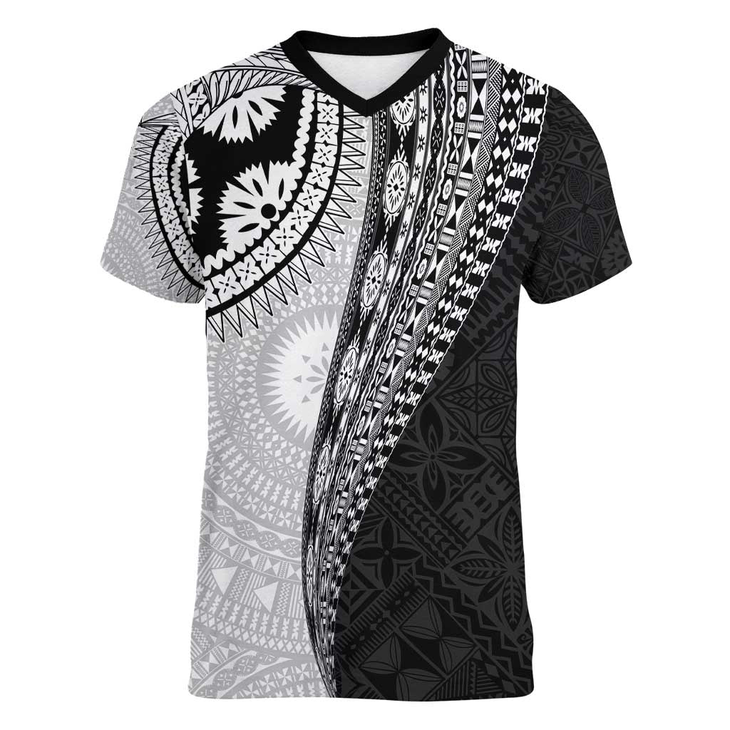 Fijian Masi Tattoos Women V-Neck T-Shirt with Tapa Tribal Pattern - Polynesian Pride