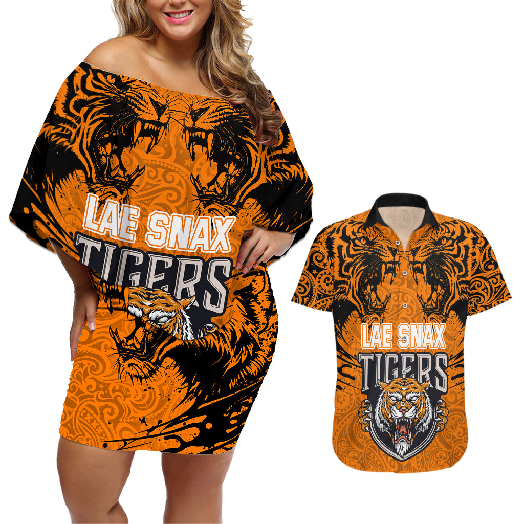 PNG Lae Snax Tigers Rugby Couples Matching Off Shoulder Short Dress and Hawaiian Shirt The Tigers Head and PNG Bird Polynesian Tattoo LT03 Orange - Polynesian Pride