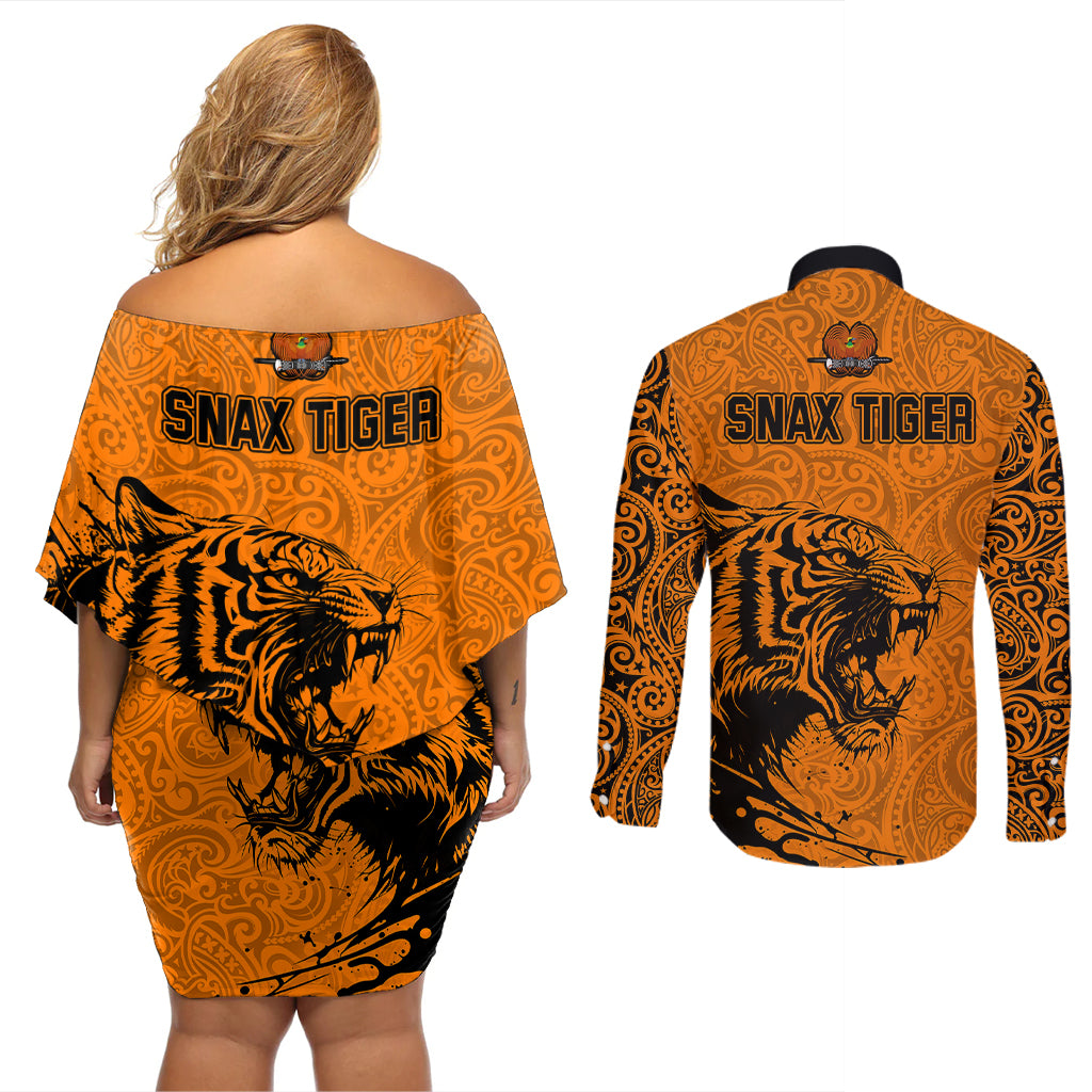PNG Lae Snax Tigers Rugby Couples Matching Off Shoulder Short Dress and Long Sleeve Button Shirts The Tigers Head and PNG Bird Polynesian Tattoo LT03 - Polynesian Pride