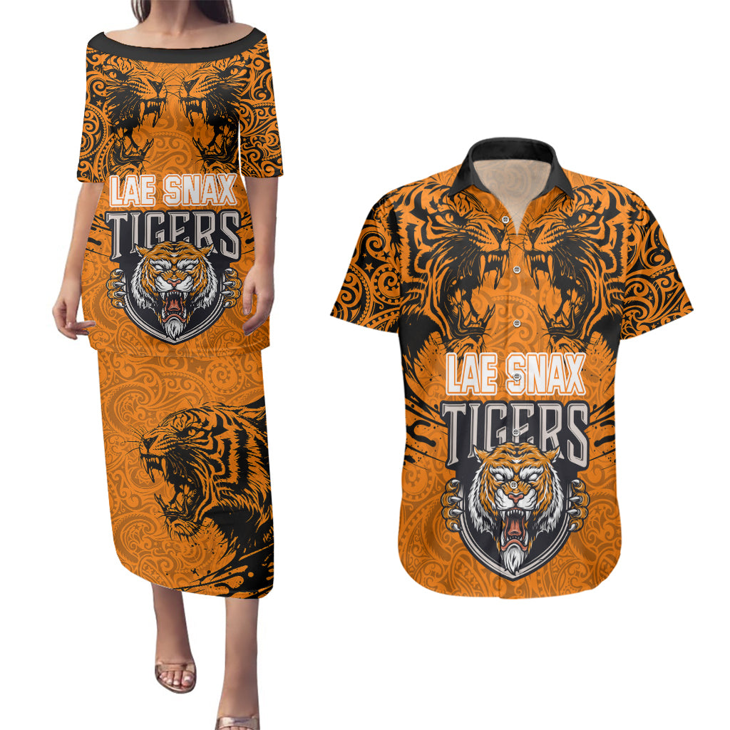 PNG Lae Snax Tigers Rugby Couples Matching Puletasi Dress and Hawaiian Shirt The Tigers Head and PNG Bird Polynesian Tattoo LT03 Orange - Polynesian Pride