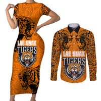 PNG Lae Snax Tigers Rugby Couples Matching Short Sleeve Bodycon Dress and Long Sleeve Button Shirts The Tigers Head and PNG Bird Polynesian Tattoo LT03 Orange - Polynesian Pride