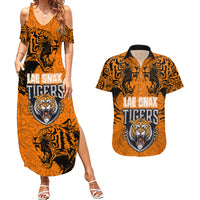 PNG Lae Snax Tigers Rugby Couples Matching Summer Maxi Dress and Hawaiian Shirt The Tigers Head and PNG Bird Polynesian Tattoo LT03 Orange - Polynesian Pride