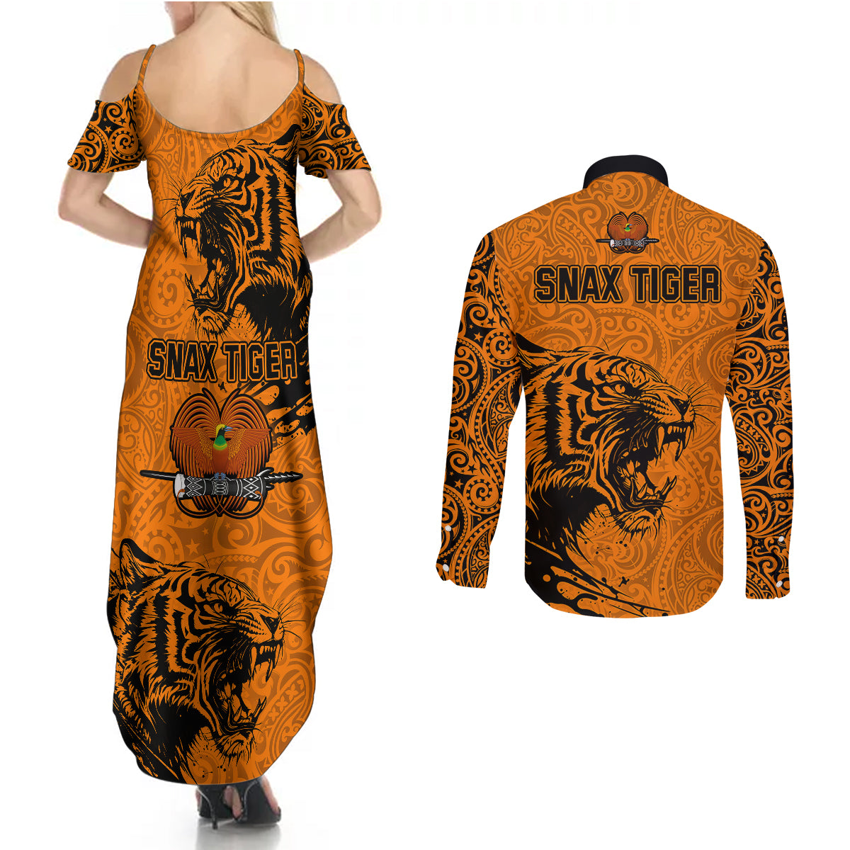 PNG Lae Snax Tigers Rugby Couples Matching Summer Maxi Dress and Long Sleeve Button Shirts The Tigers Head and PNG Bird Polynesian Tattoo LT03 - Polynesian Pride
