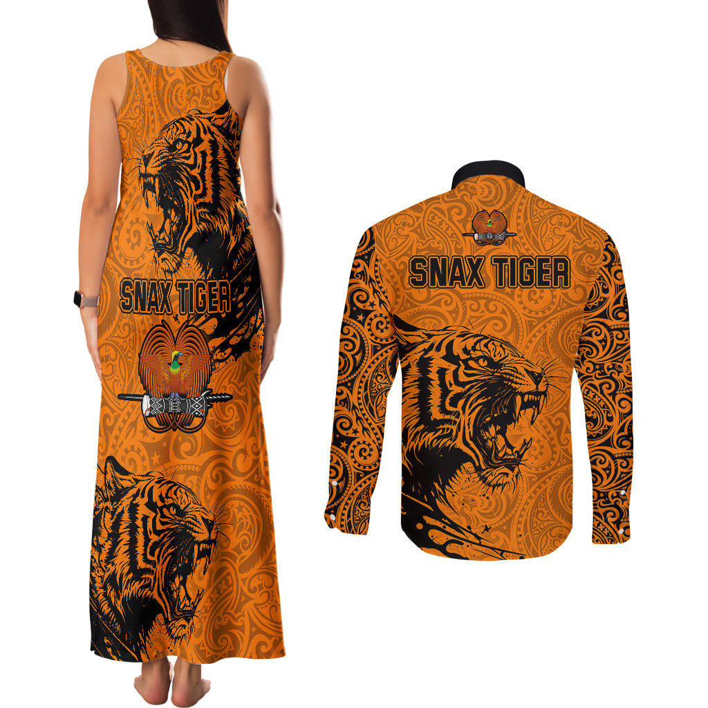 PNG Lae Snax Tigers Rugby Couples Matching Tank Maxi Dress and Long Sleeve Button Shirts The Tigers Head and PNG Bird Polynesian Tattoo LT03 - Polynesian Pride