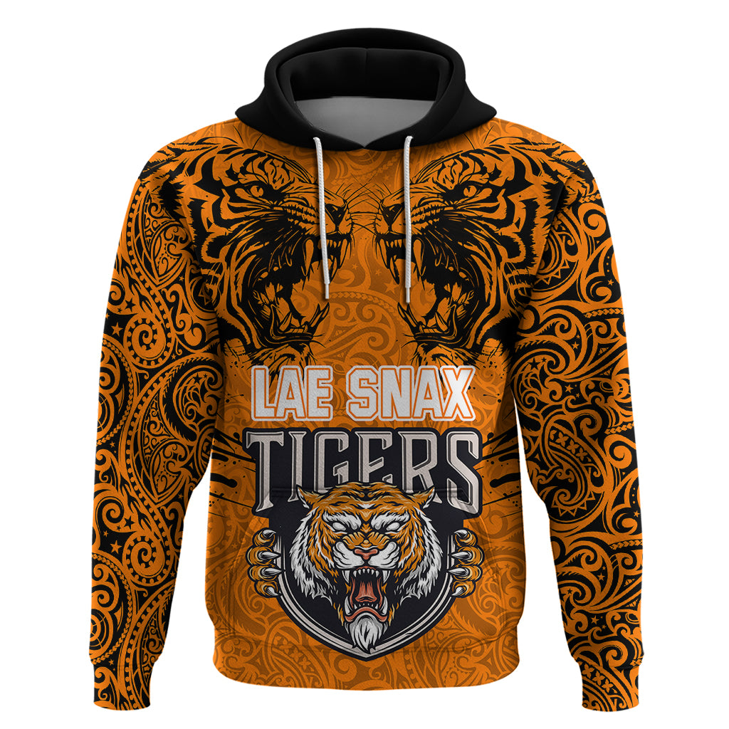 PNG Lae Snax Tigers Rugby Hoodie The Tigers Head and PNG Bird Polynesian Tattoo LT03 Orange - Polynesian Pride