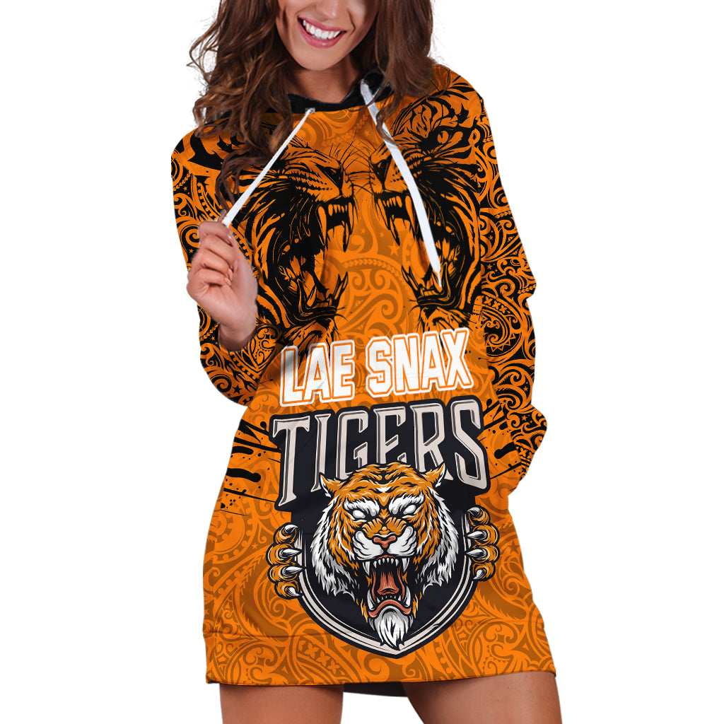 PNG Lae Snax Tigers Rugby Hoodie Dress The Tigers Head and PNG Bird Polynesian Tattoo LT03 Orange - Polynesian Pride