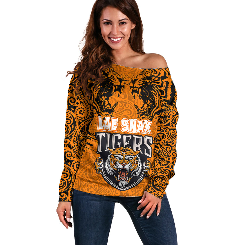 PNG Lae Snax Tigers Rugby Off Shoulder Sweater The Tigers Head and PNG Bird Polynesian Tattoo LT03 Women Orange - Polynesian Pride