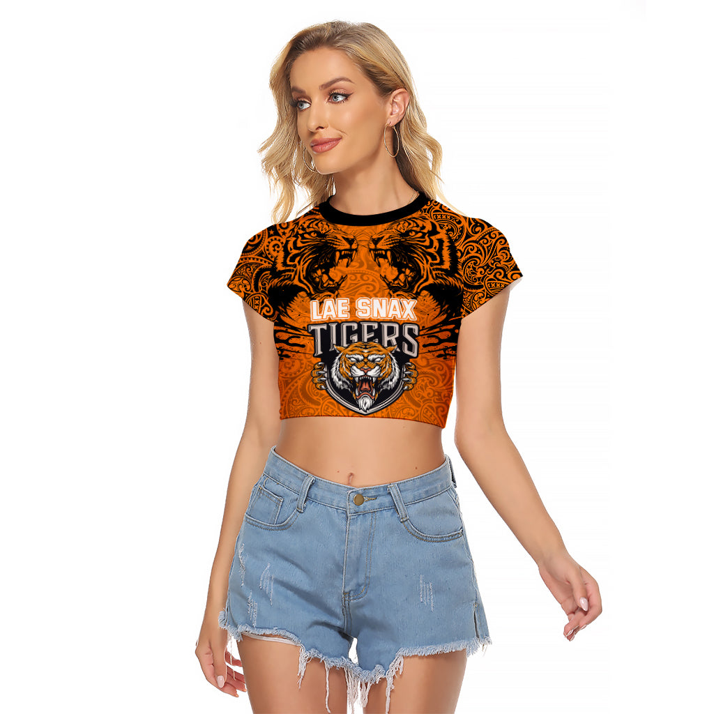 PNG Lae Snax Tigers Rugby Raglan Cropped T Shirt The Tigers Head and PNG Bird Polynesian Tattoo LT03 Female Orange - Polynesian Pride