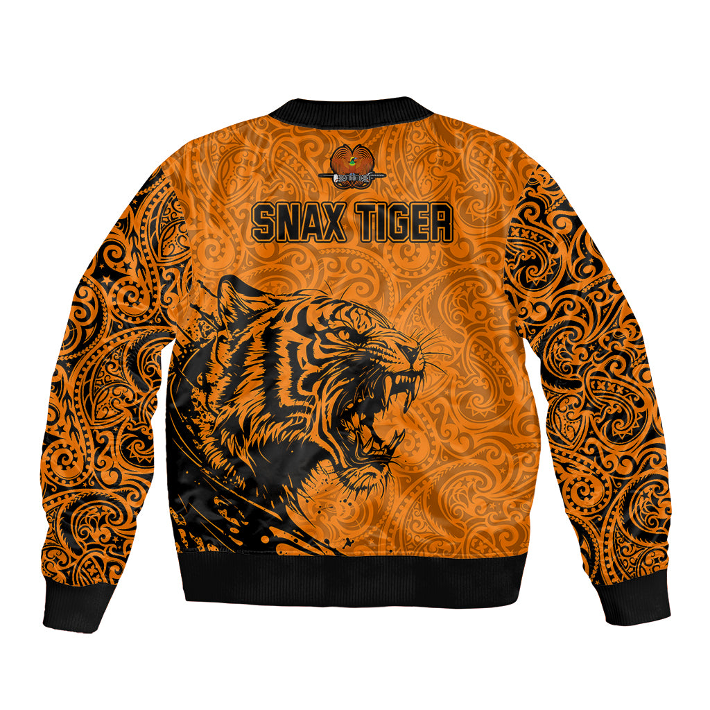 PNG Lae Snax Tigers Rugby Sleeve Zip Bomber Jacket The Tigers Head and PNG Bird Polynesian Tattoo LT03 - Polynesian Pride