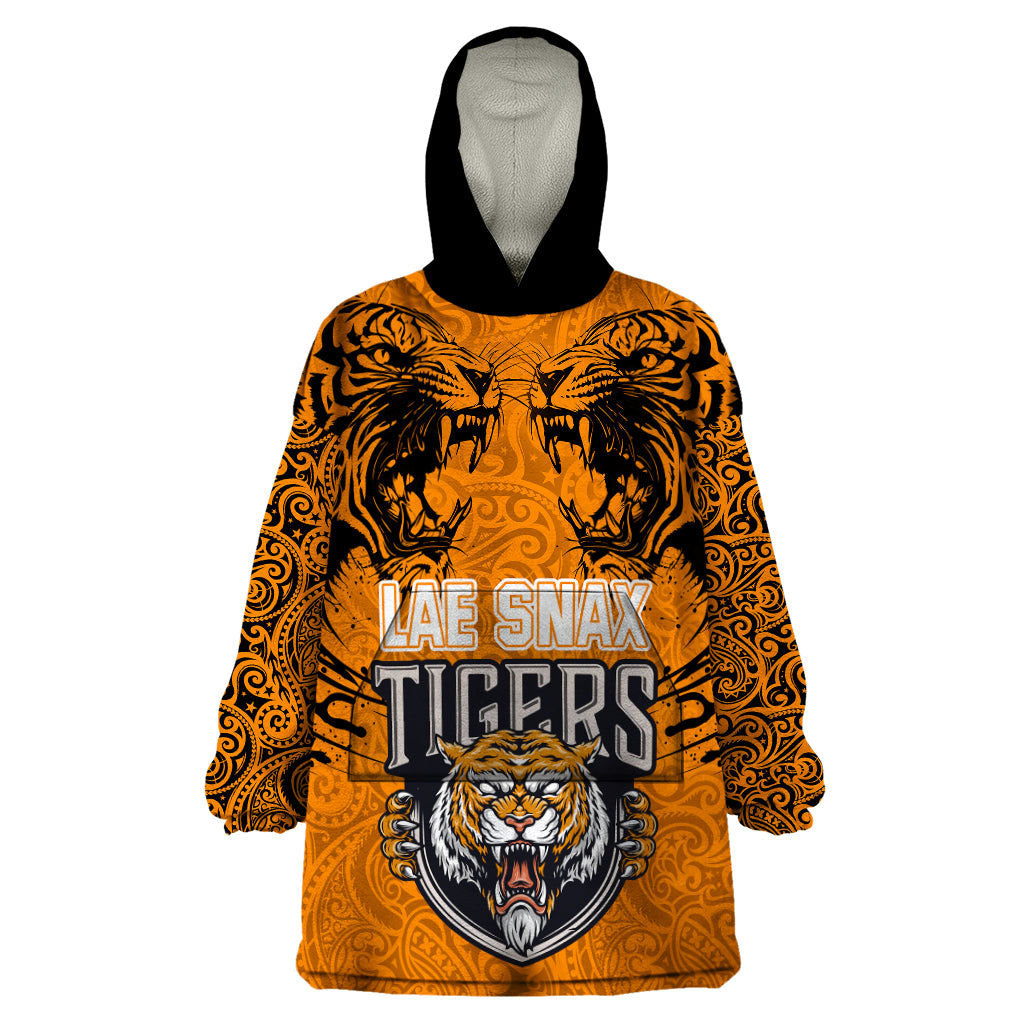 PNG Lae Snax Tigers Rugby Wearable Blanket Hoodie The Tigers Head and PNG Bird Polynesian Tattoo LT03 One Size Orange - Polynesian Pride