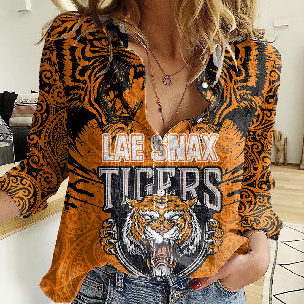 PNG Lae Snax Tigers Rugby Women Casual Shirt The Tigers Head and PNG Bird Polynesian Tattoo LT03 Female Orange - Polynesian Pride