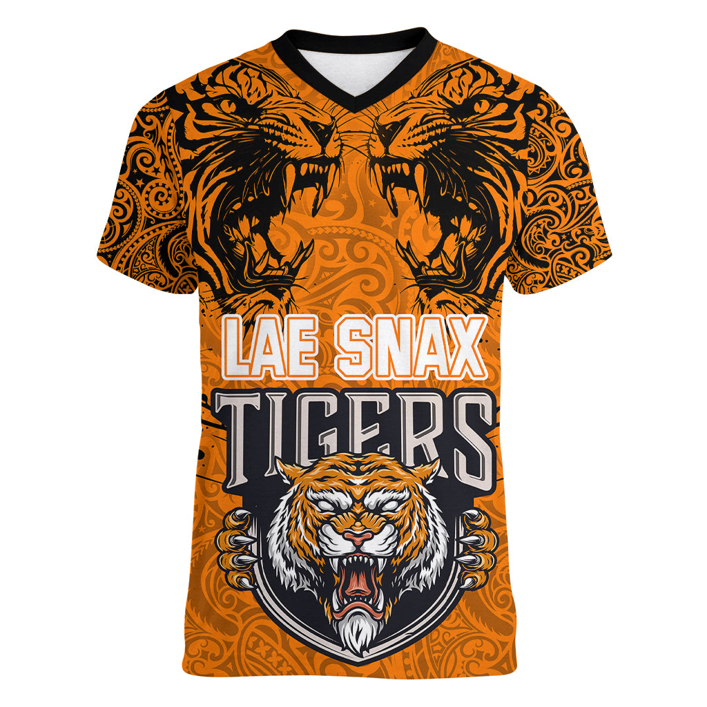 PNG Lae Snax Tigers Rugby Women V Neck T Shirt The Tigers Head and PNG Bird Polynesian Tattoo LT03 Female Orange - Polynesian Pride