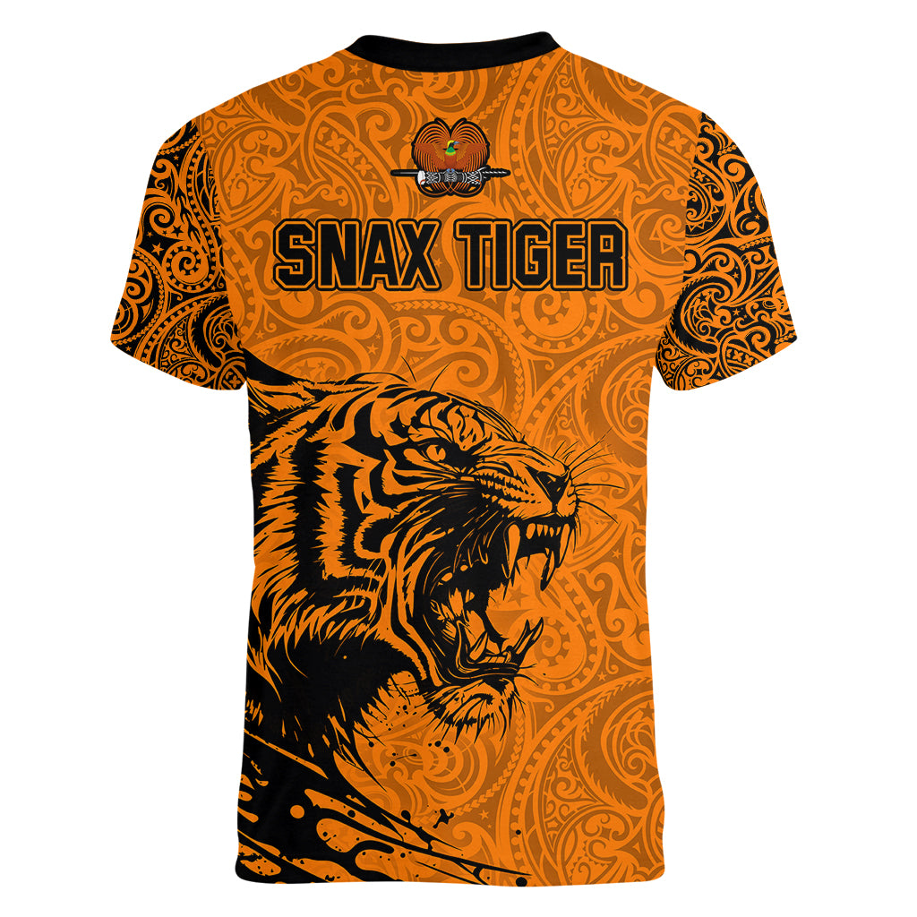 PNG Lae Snax Tigers Rugby Women V Neck T Shirt The Tigers Head and PNG Bird Polynesian Tattoo LT03 - Polynesian Pride