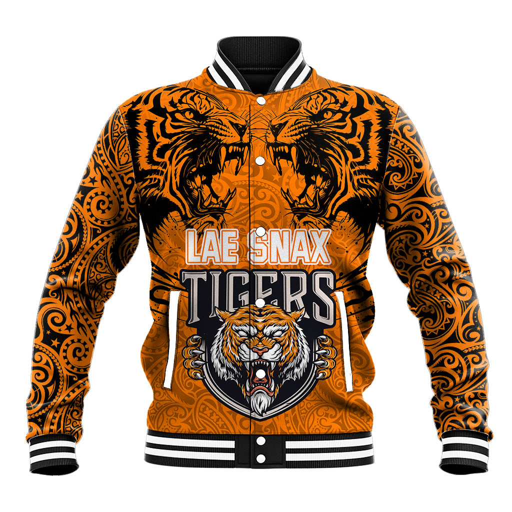 Custom PNG Lae Snax Tigers Rugby Baseball Jacket The Tigers Head and PNG Bird Polynesian Tattoo LT03 Unisex Orange - Polynesian Pride