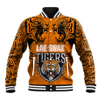 Custom PNG Lae Snax Tigers Rugby Baseball Jacket The Tigers Head and PNG Bird Polynesian Tattoo LT03 Unisex Orange - Polynesian Pride