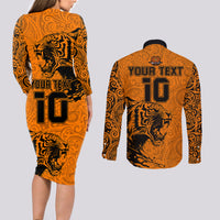 Custom PNG Lae Snax Tigers Rugby Couples Matching Long Sleeve Bodycon Dress and Long Sleeve Button Shirts The Tigers Head and PNG Bird Polynesian Tattoo LT03 - Polynesian Pride