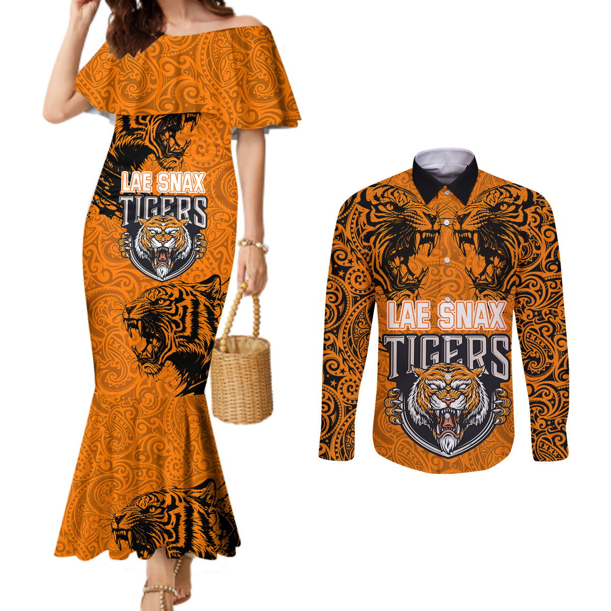 Custom PNG Lae Snax Tigers Rugby Couples Matching Mermaid Dress and Long Sleeve Button Shirts The Tigers Head and PNG Bird Polynesian Tattoo LT03 Orange - Polynesian Pride