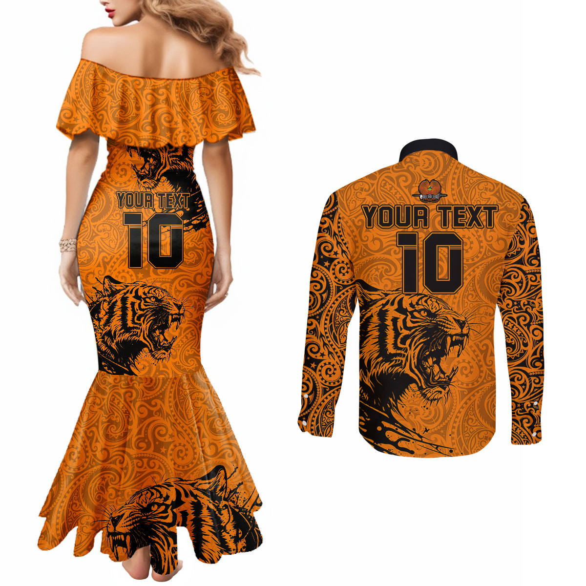 Custom PNG Lae Snax Tigers Rugby Couples Matching Mermaid Dress and Long Sleeve Button Shirts The Tigers Head and PNG Bird Polynesian Tattoo LT03 - Polynesian Pride