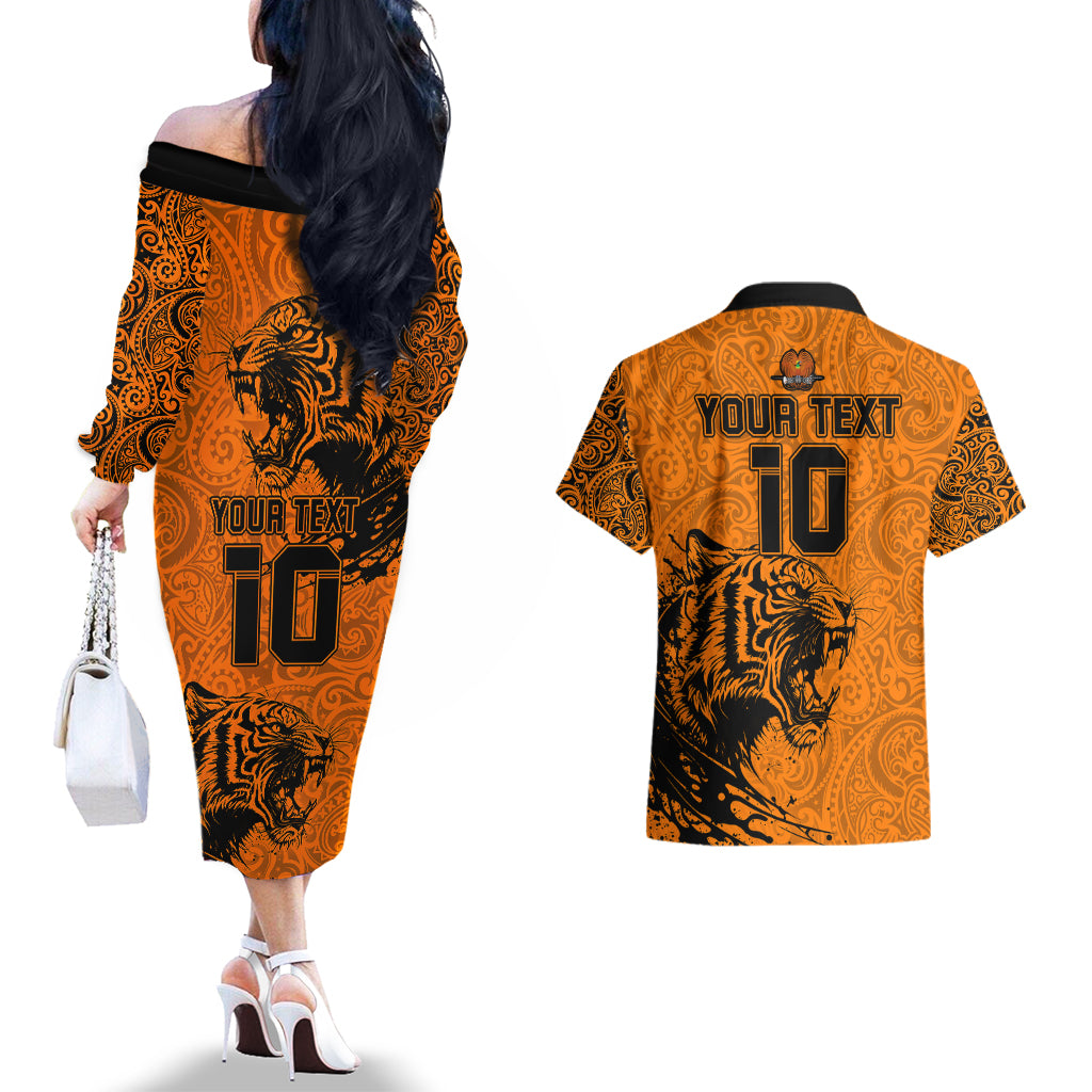 Custom PNG Lae Snax Tigers Rugby Couples Matching Off The Shoulder Long Sleeve Dress and Hawaiian Shirt The Tigers Head and PNG Bird Polynesian Tattoo LT03 - Polynesian Pride