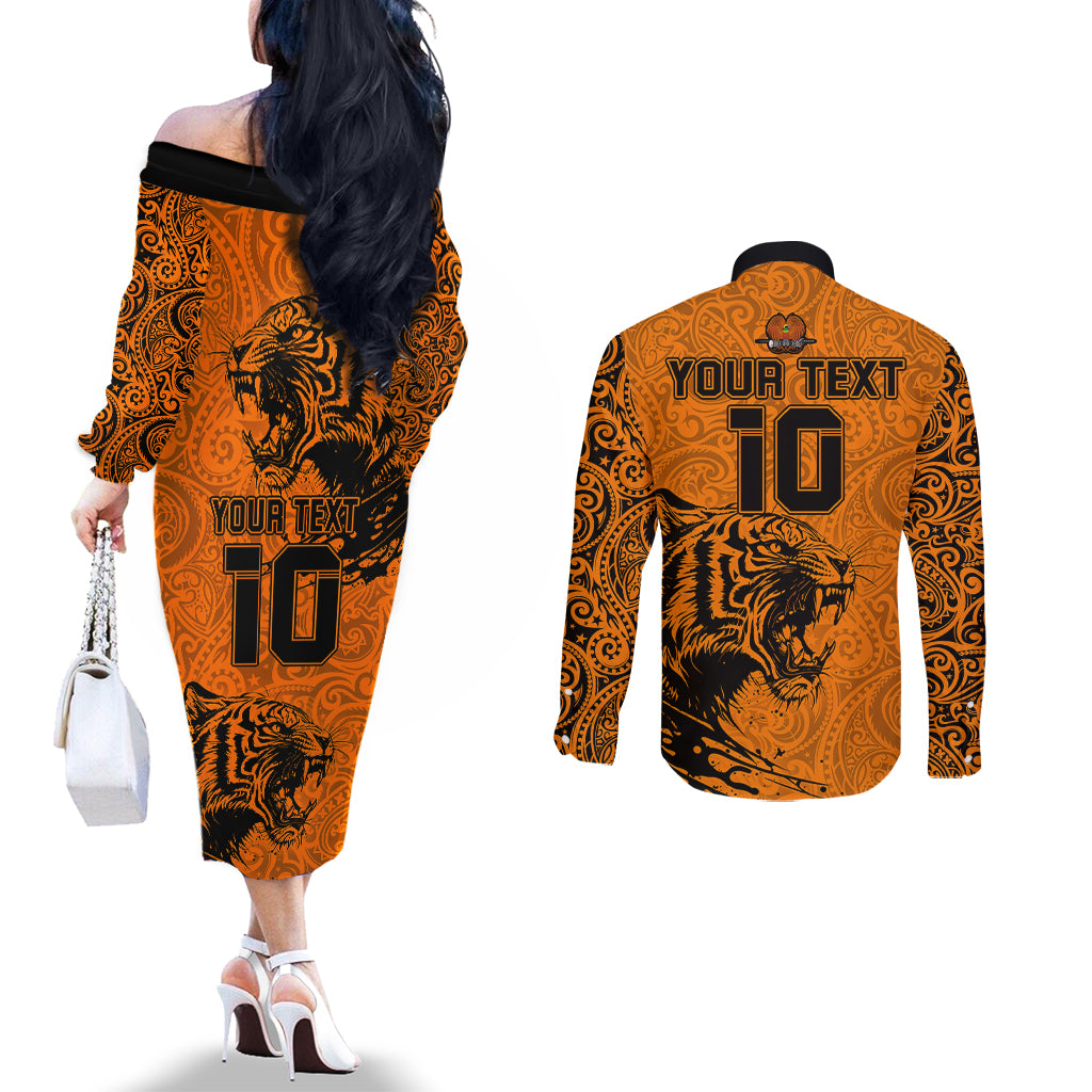 Custom PNG Lae Snax Tigers Rugby Couples Matching Off The Shoulder Long Sleeve Dress and Long Sleeve Button Shirts The Tigers Head and PNG Bird Polynesian Tattoo LT03 - Polynesian Pride