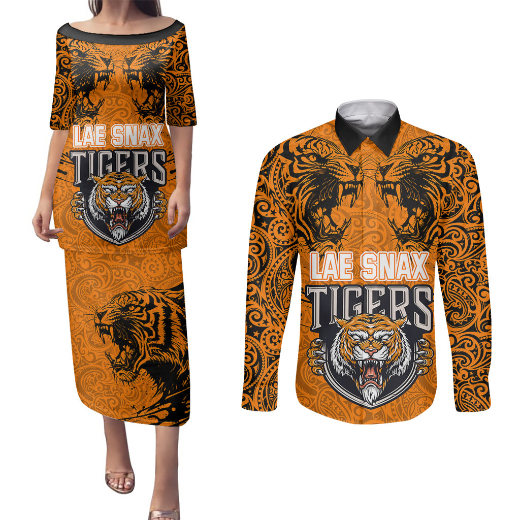 Custom PNG Lae Snax Tigers Rugby Couples Matching Puletasi Dress and Long Sleeve Button Shirts The Tigers Head and PNG Bird Polynesian Tattoo LT03 Orange - Polynesian Pride