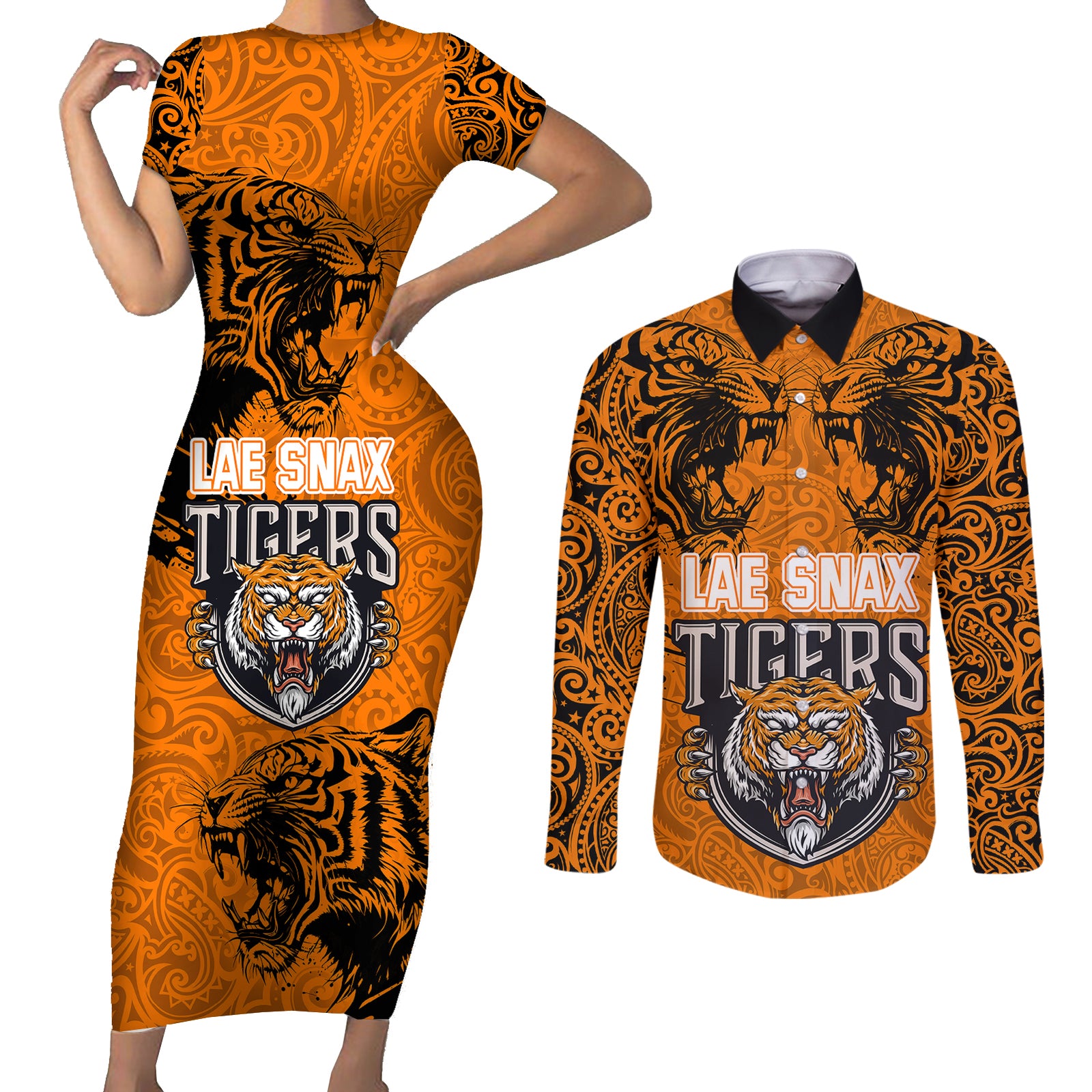 Custom PNG Lae Snax Tigers Rugby Couples Matching Short Sleeve Bodycon Dress and Long Sleeve Button Shirts The Tigers Head and PNG Bird Polynesian Tattoo LT03 Orange - Polynesian Pride