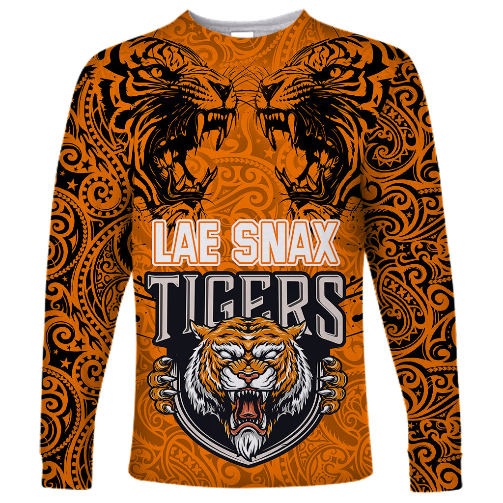 Custom PNG Lae Snax Tigers Rugby Long Sleeve Shirt The Tigers Head and PNG Bird Polynesian Tattoo LT03 Unisex Orange - Polynesian Pride