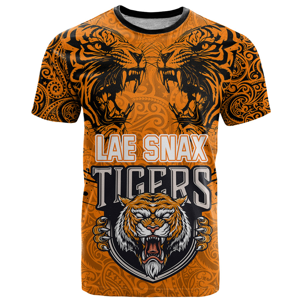 Custom PNG Lae Snax Tigers Rugby T Shirt The Tigers Head and PNG Bird Polynesian Tattoo LT03 Orange - Polynesian Pride