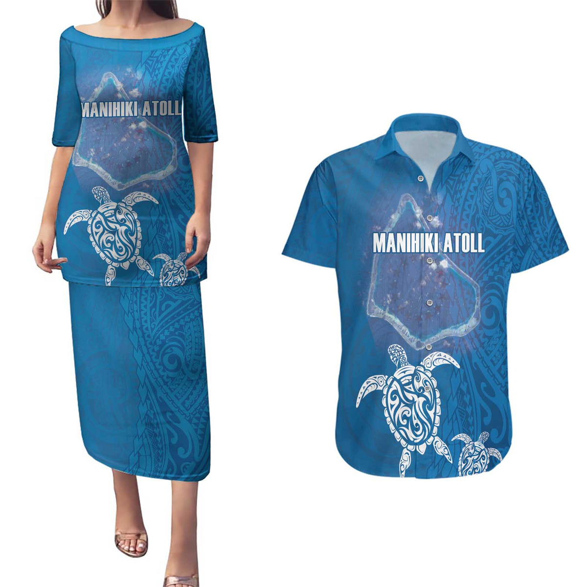 Cook Islands Manihiki Atoll Couples Matching Puletasi and Hawaiian Shirt Maori Turtle and Polynesian Pattern