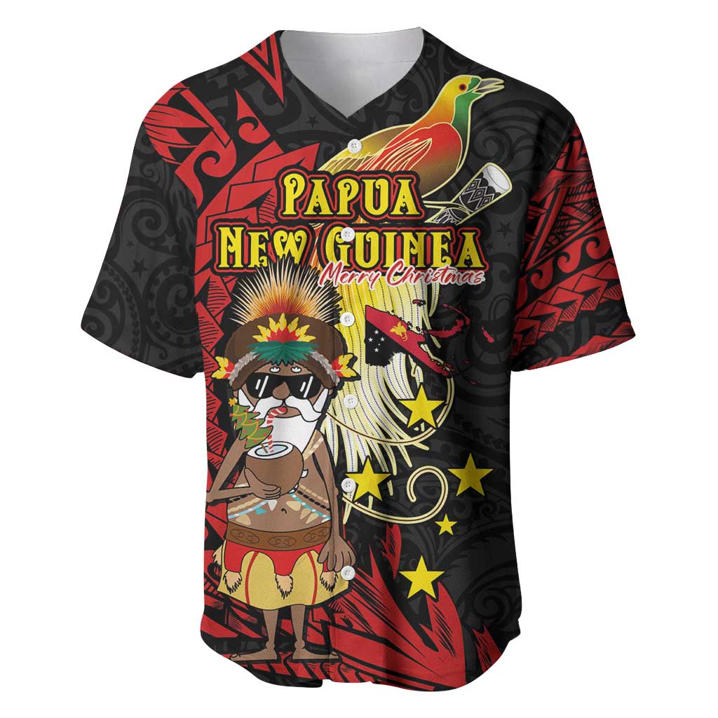 Papua New Guinea Christmas Baseball Jersey Funny Melanesian Santa with Bird-of-paradise Tribal Style LT03 Black - Polynesian Pride