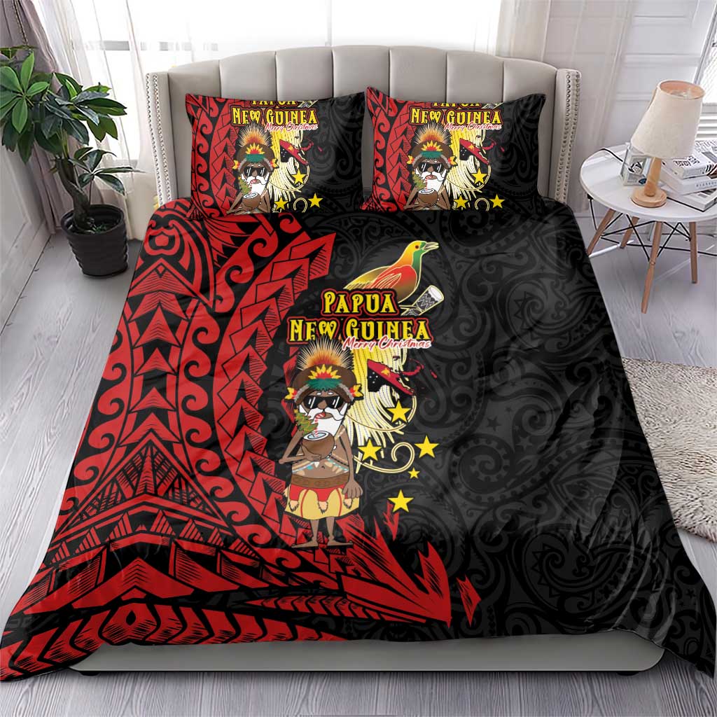 Papua New Guinea Christmas Bedding Set Funny Melanesian Santa with Bird-of-paradise Tribal Style - Polynesian Pride